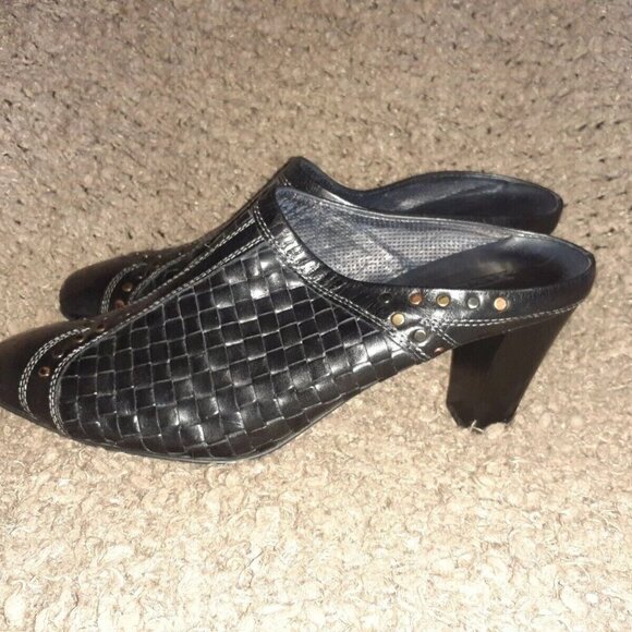 SESTO MEUCCI-Cammie-Black Woven Leather Mules-Studded-3" Heel-SZ 11M-Near Mint - Picture 2 of 7